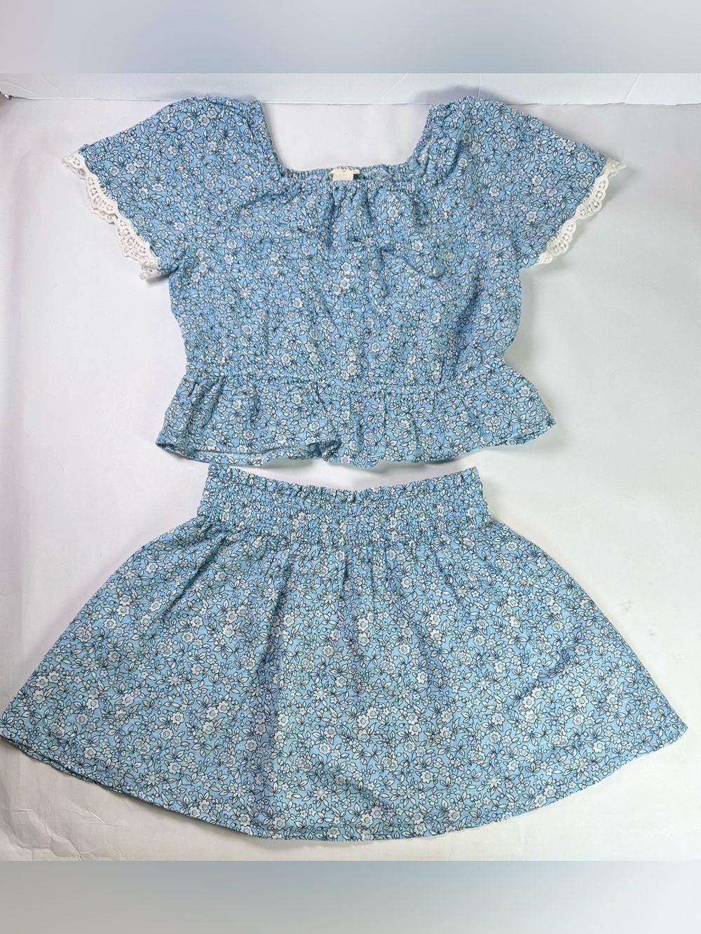 Crewcuts Girls Blue Floral 2-Piece Skirt Set Crochet Trim Size 8